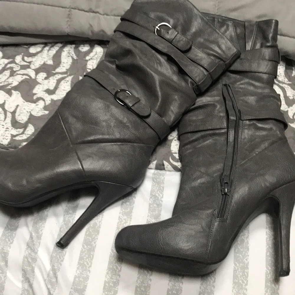 High grey zip up boots